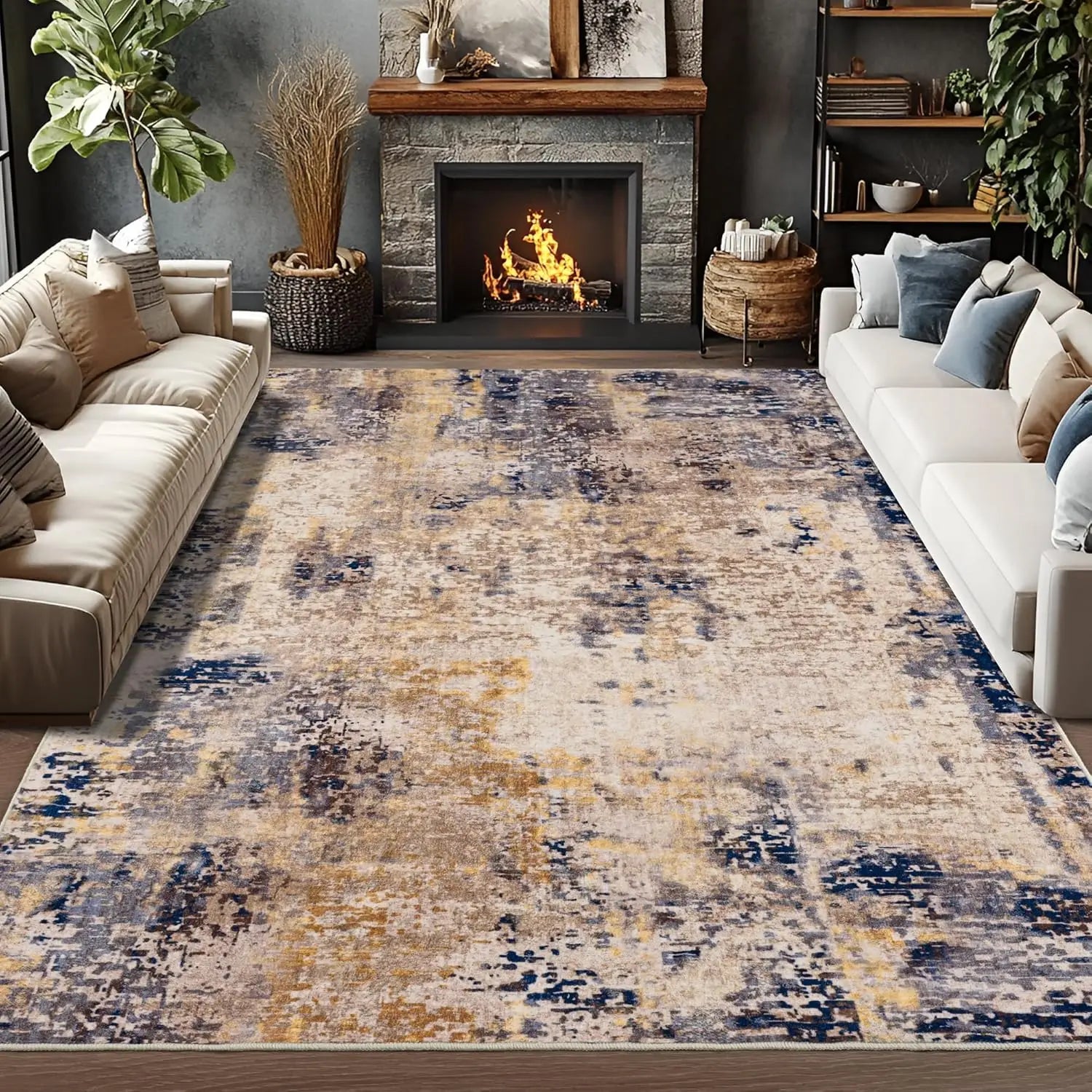 Navak Teppich, Wohnzimmerteppich, weicher, großer, moderner, abstrakter Teppich, Boho-Vintage-Stil, maschinenwaschbar, rutschfester Teppich, Kurzflorteppich