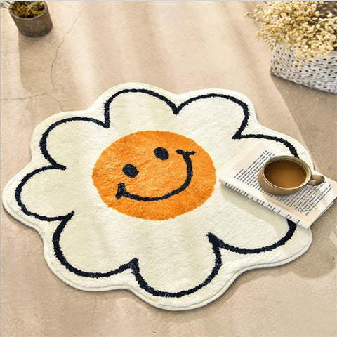 Navak Teppich, Ei, Blume, Lächeln, rutschfester Blumen-Bodenteppich, runde Form, Eingangs-Fußmatte, Teppich, saugfähig, Badematte für Schlafzimmer, Nachttischmatten