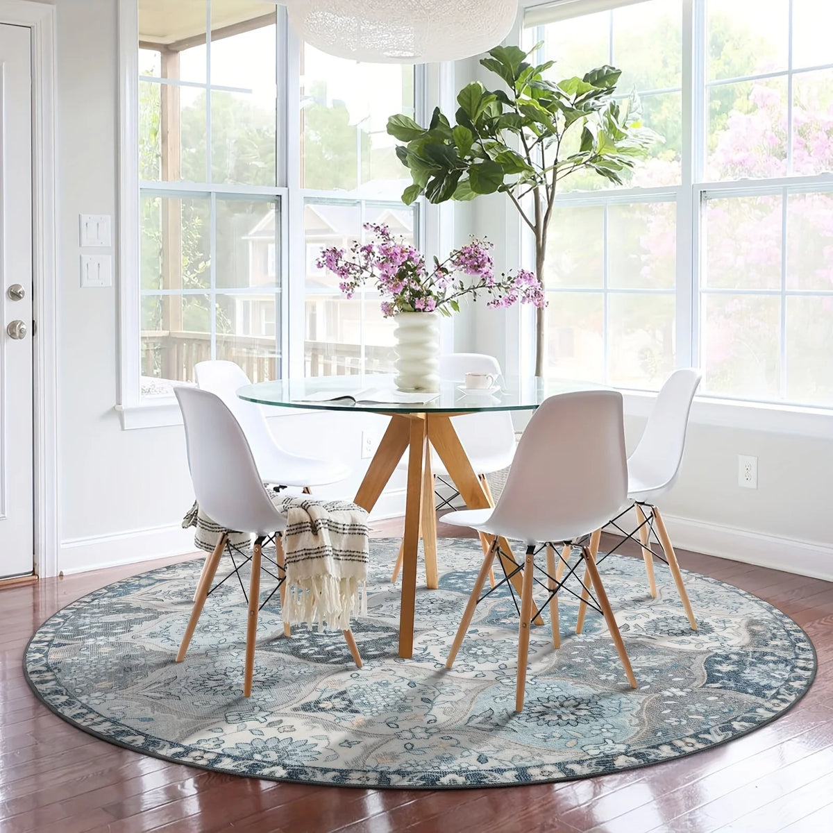 Navak Carpet Large Ultra-thin Moroccan Trellis Round Rugs Non-Slip Washable Soft Throw Rug Vintage Circle Carpets for Living Room Bedroom