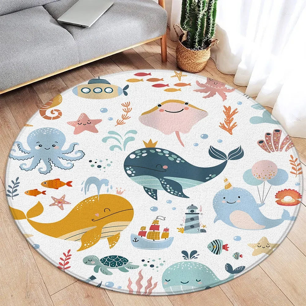 Navak Teppich, Cartoon-Design, rund, für Ozean, Fisch, Delfin, Seestern, niedlich, Hirsch, Löwe, Elefant, Tiger, Kinder-Schlafzimmermatte, Heimdekoration, Wohnzimmer, Bodenteppich