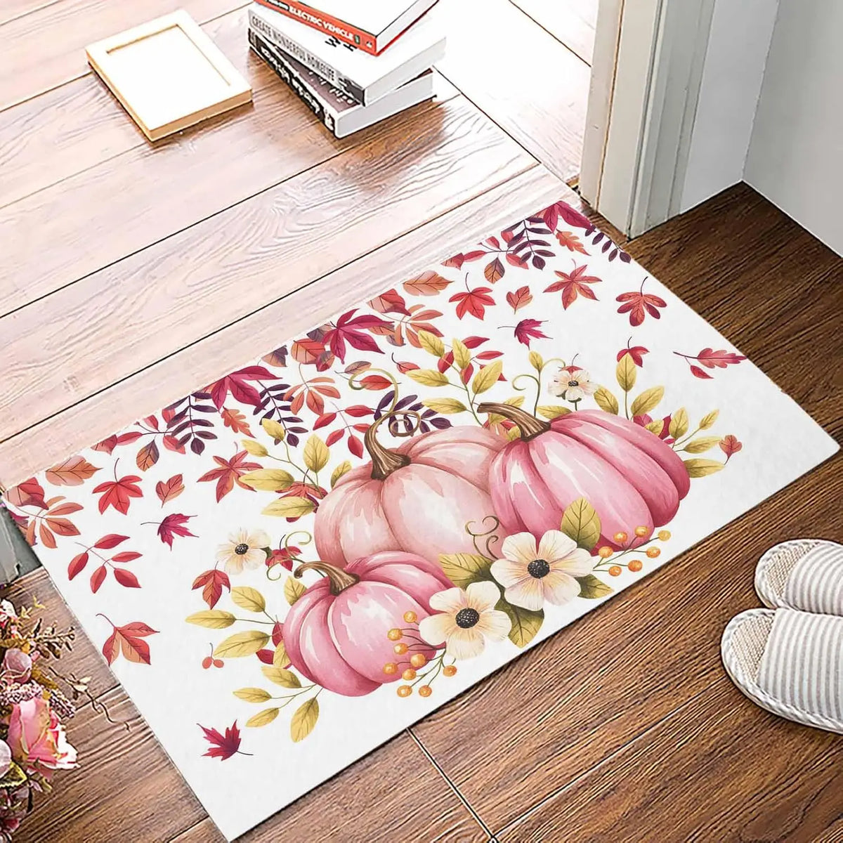 Navak Teppich, Herbst, rosa Kürbisse, Blumen, Blätter, Willkommens-Fußmatten, Dekor, Küche, Flur, Balkon, Teppiche, Schlafzimmer, neben der Fußmatte, rutschfeste Bodenmatte