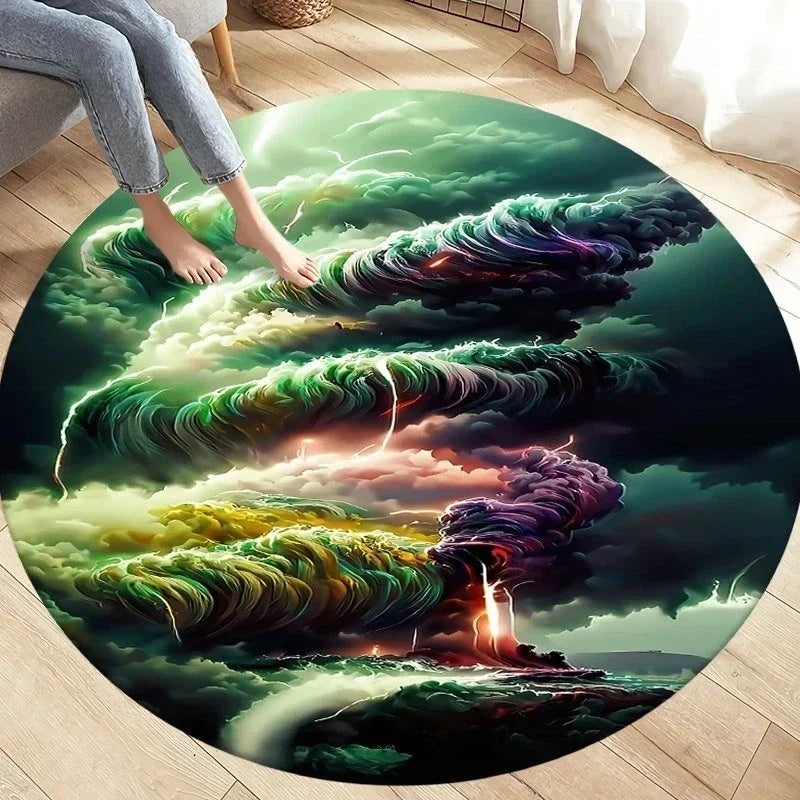 Navak Carpet Crystal Velvet Natural Disaster Runder Teppich, Fantasy Tornado Cloud Print Rutschfeste Bodenmatte für Wohnzimmer, Schlafzimmer, Sofa-Dekor