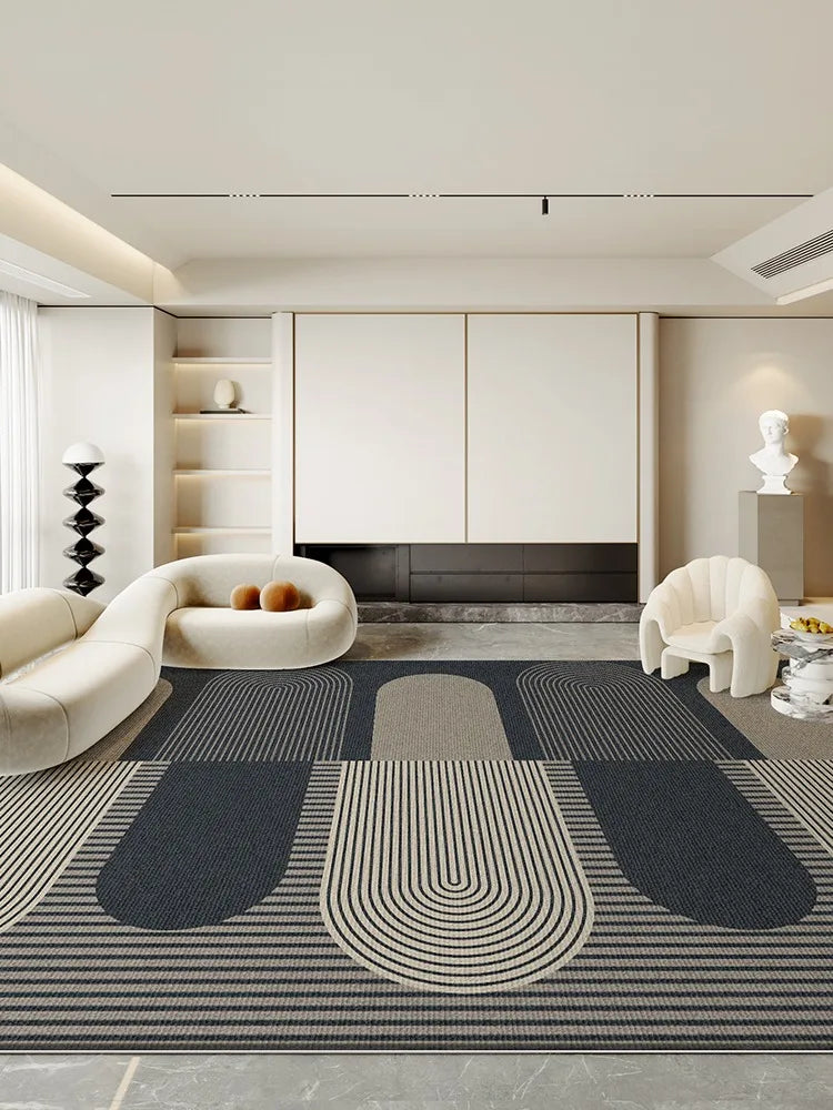 Navak Teppich, dunkelblau-cremefarben, gestreifter Teppich, moderne geometrische dekorative Teppiche, leicht zu reinigen, Kunstlinien, Wohnzimmerteppiche, bequemer Schlafzimmerteppich