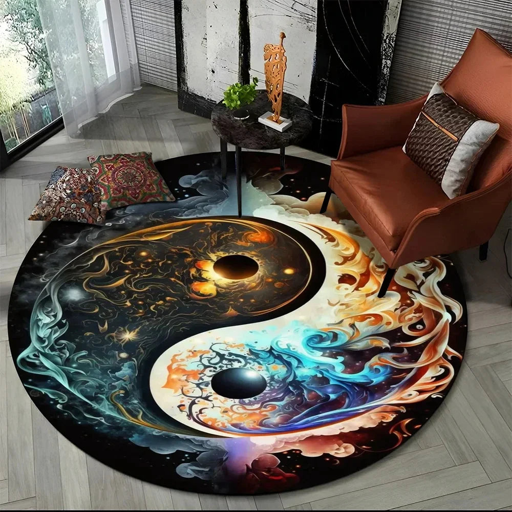Navak Carpet Crystal Velvet Yin Yang Runder Teppich, 3D Tai Chi Druck, rutschfeste Bodenmatte für Wohnzimmer, Schlafzimmer, Heimdekor, Kreisbereichsteppich