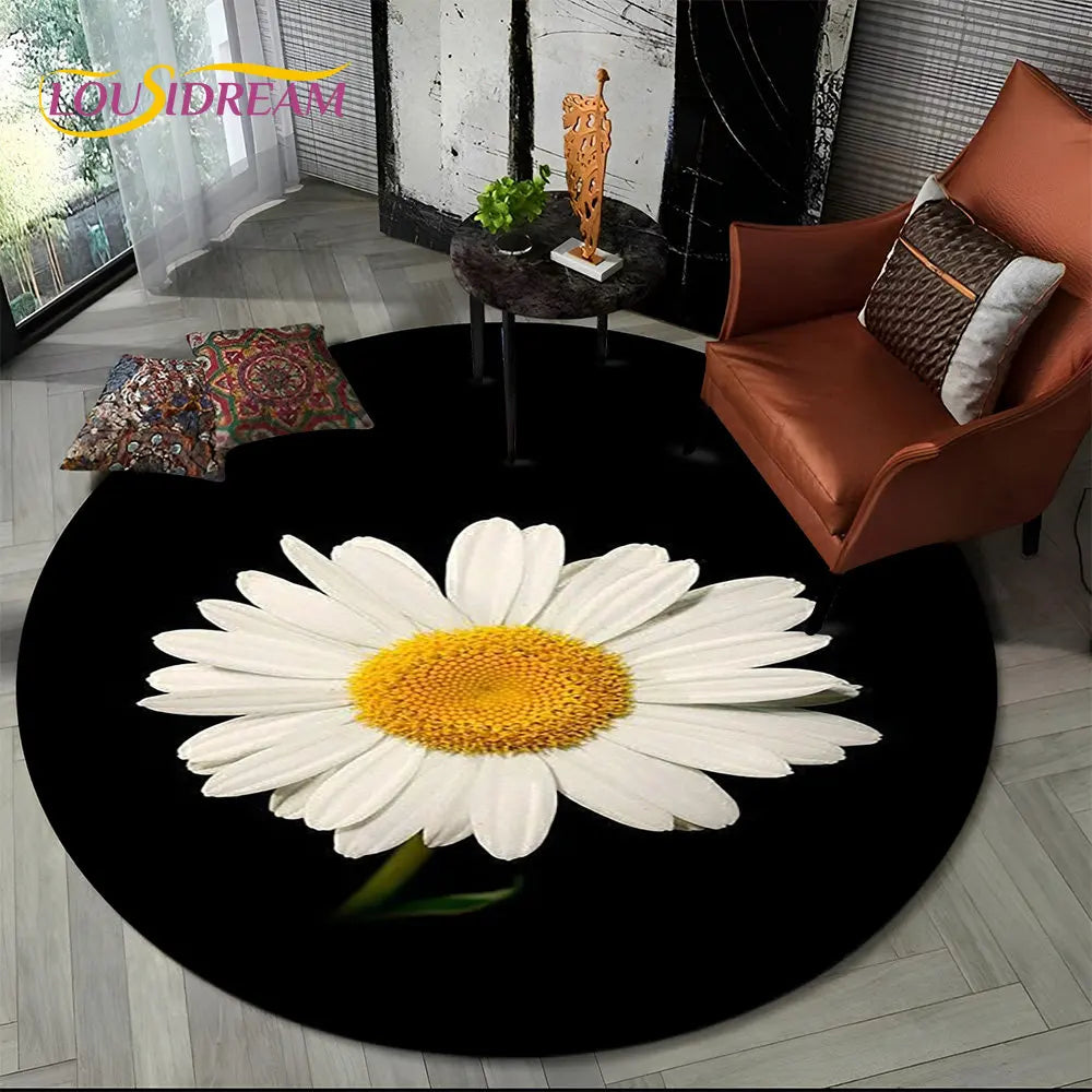 Navak Teppich, 3D-Gänseblümchen, nordische Blume, Sonnenblume, runder Teppich, Teppich für Wohnzimmer, Kinderzimmer, Sofa, Spielzimmer, Dekoration, rutschfeste Bodenmatte