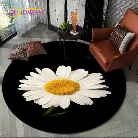 Navak Teppich, 3D-Gänseblümchen, nordische Blume, Sonnenblume, runder Teppich, Teppich für Wohnzimmer, Kinderzimmer, Sofa, Spielzimmer, Dekoration, rutschfeste Bodenmatte