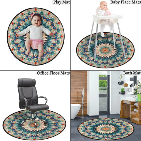 Navak Carpet Runder Teppich 85,9 cm, runder Teppich für den Innenbereich, Vintage-Mandala-Blume, runde Form, rund, rutschfest, waschbar, leicht, weich, Überwurfteppiche, Boden C