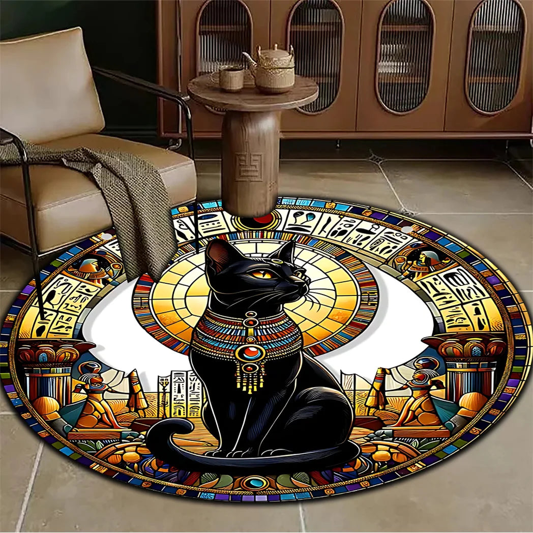 Navak Carpet Ein runder, leicht zu reinigender Teppich mit ägyptischem Bastet-Katzen-Design, geeignet für Wohnräume, Schlafzimmer, Wohnzimmer, Kit