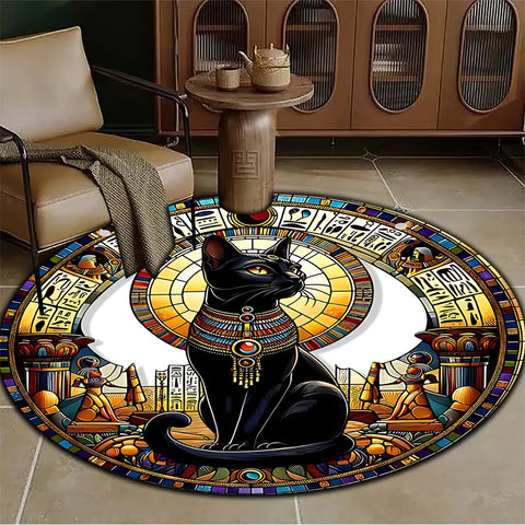 Navak Carpet Ein runder, leicht zu reinigender Teppich mit ägyptischem Bastet-Katzen-Design, geeignet für Wohnräume, Schlafzimmer, Wohnzimmer, Kit