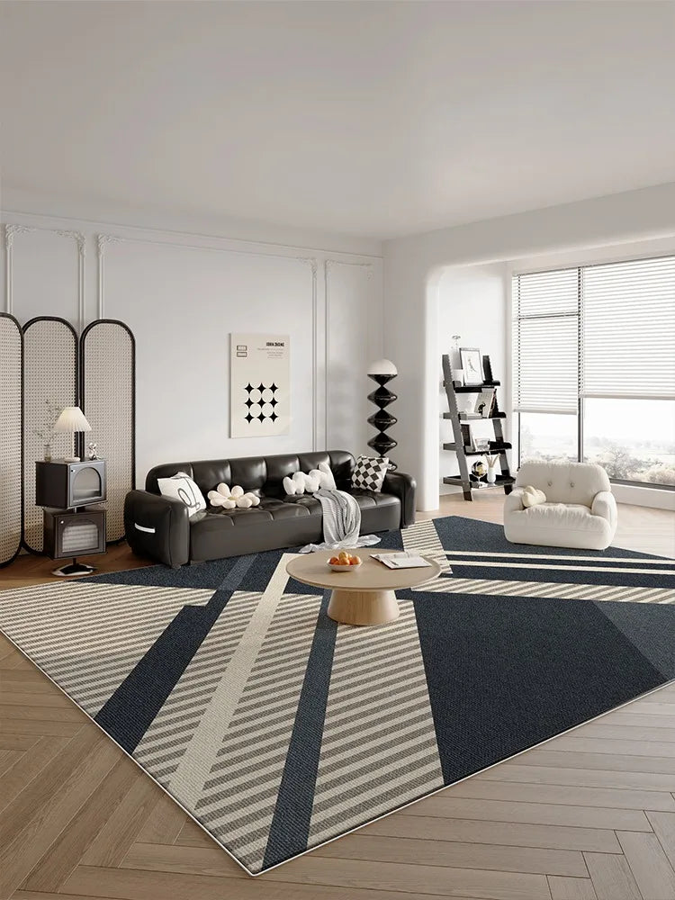 Navak Teppich, dunkelblau-cremefarben, gestreifter Teppich, moderne geometrische dekorative Teppiche, leicht zu reinigen, Kunstlinien, Wohnzimmerteppiche, bequemer Schlafzimmerteppich