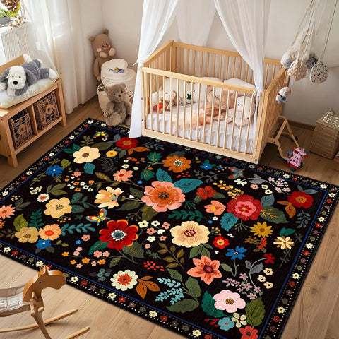 Navak Carpet Crystal Velvet CarpetFloral Area Rug Machine Washable Soft Print Boho Carpet Non Slip Footmat Low Pile Flower Area Rugs for