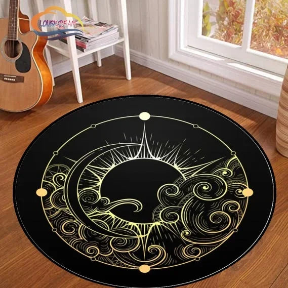 Navak Teppich Pentagramm Sonne gemusterter runder Teppich, Satan Devil's Trap Teppich, Weiß auf Schwarz Supernatural Runen Teppich