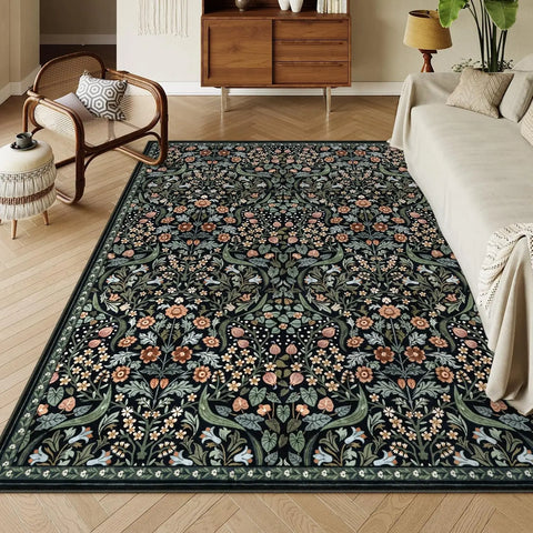 Navak Carpet Florale waschbare Teppiche, weicher großer Boho-Schlafzimmerteppich, botanischer rutschfester ultradünner Bodenteppich für Esszimmer, Kinderzimmer, Büro