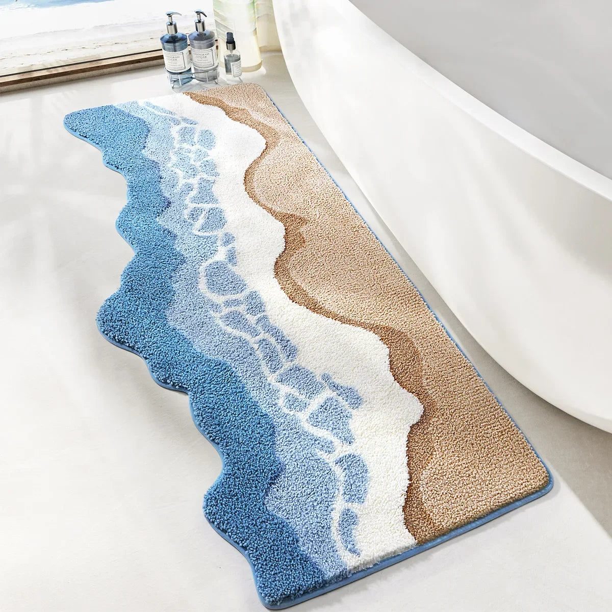 Navak Carpet 70 x 160 cm, handgetufteter Nachttischteppich mit Wellenmuster, Teppiche zur Dekoration des Schlafzimmers, beflockte Mikrofaser-Badezimmermatte, rutschfest, saugfähig