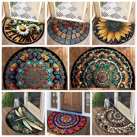 Navak Carpet Hochwertige, rutschfeste, halbrunde Fußmatte mit Boho-Blumenmotiv, Willkommensteppich, saugfähig, waschbar, Eingangsmatte für drinnen und draußen
