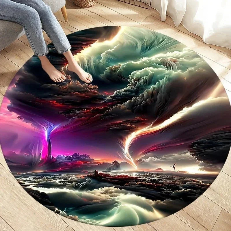 Navak Carpet Crystal Velvet Natural Disaster Runder Teppich, Fantasy Tornado Cloud Print Rutschfeste Bodenmatte für Wohnzimmer, Schlafzimmer, Sofa-Dekor