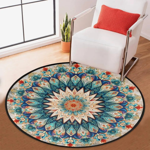 Navak Carpet Runder Teppich 85,9 cm, runder Teppich für den Innenbereich, Vintage-Mandala-Blume, runde Form, rund, rutschfest, waschbar, leicht, weich, Überwurfteppiche, Boden C