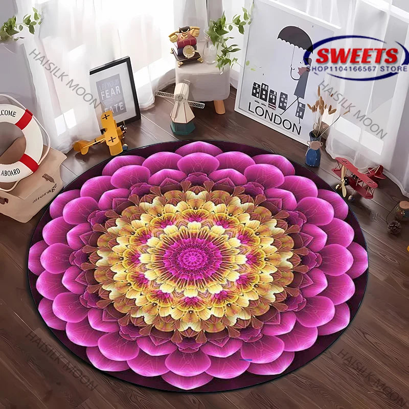 Navak Carpet Next Day Shipping Mandala Flower Printing Round Carpet Bedroom Living Room Sofa All Season Mat Kids Room Non-Slip Decorative Rug