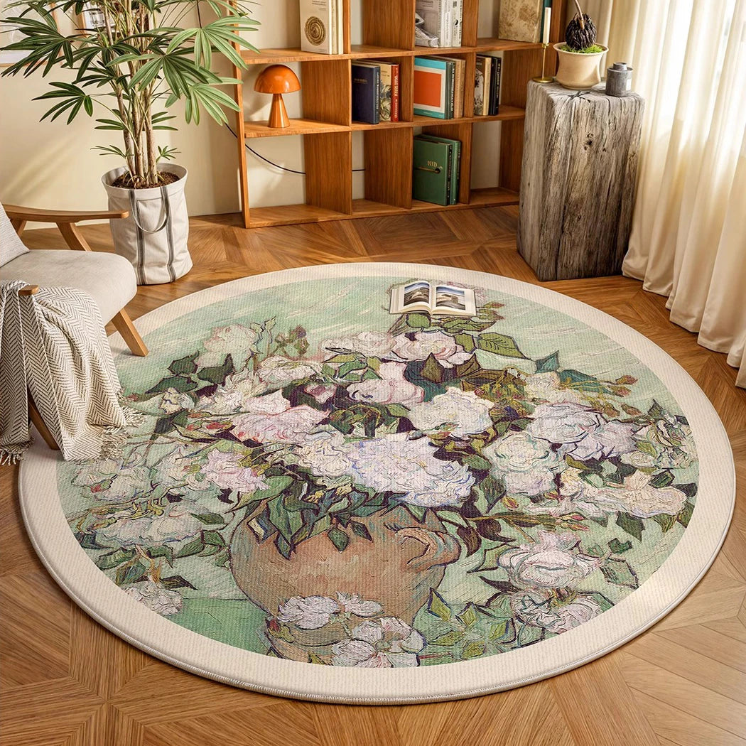 Navak Teppich, runder Teppich, Wohnzimmerteppich, weich, für Schlafzimmer, Nachttisch, Bodenmatte, Pflanzen, Blumen, französischer Retro-Stil, rutschfeste Teppiche, Heimdekoration, Tapis