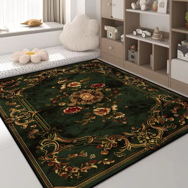 Navak Carpet Luxuriöser Teppich mit grünen Blumen – Rutschfester großer Wohnzimmerteppich, goldener Rand, waschbare weiche Matte für die Heimdekoration im Schlafzimmer