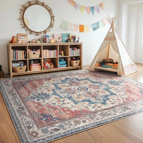 Navak Carpet Crystal velvet carpetVintage DistressedArea Rugs for Living Room Bedroom Non Slip Washable, Medallion Pattern Printed Low