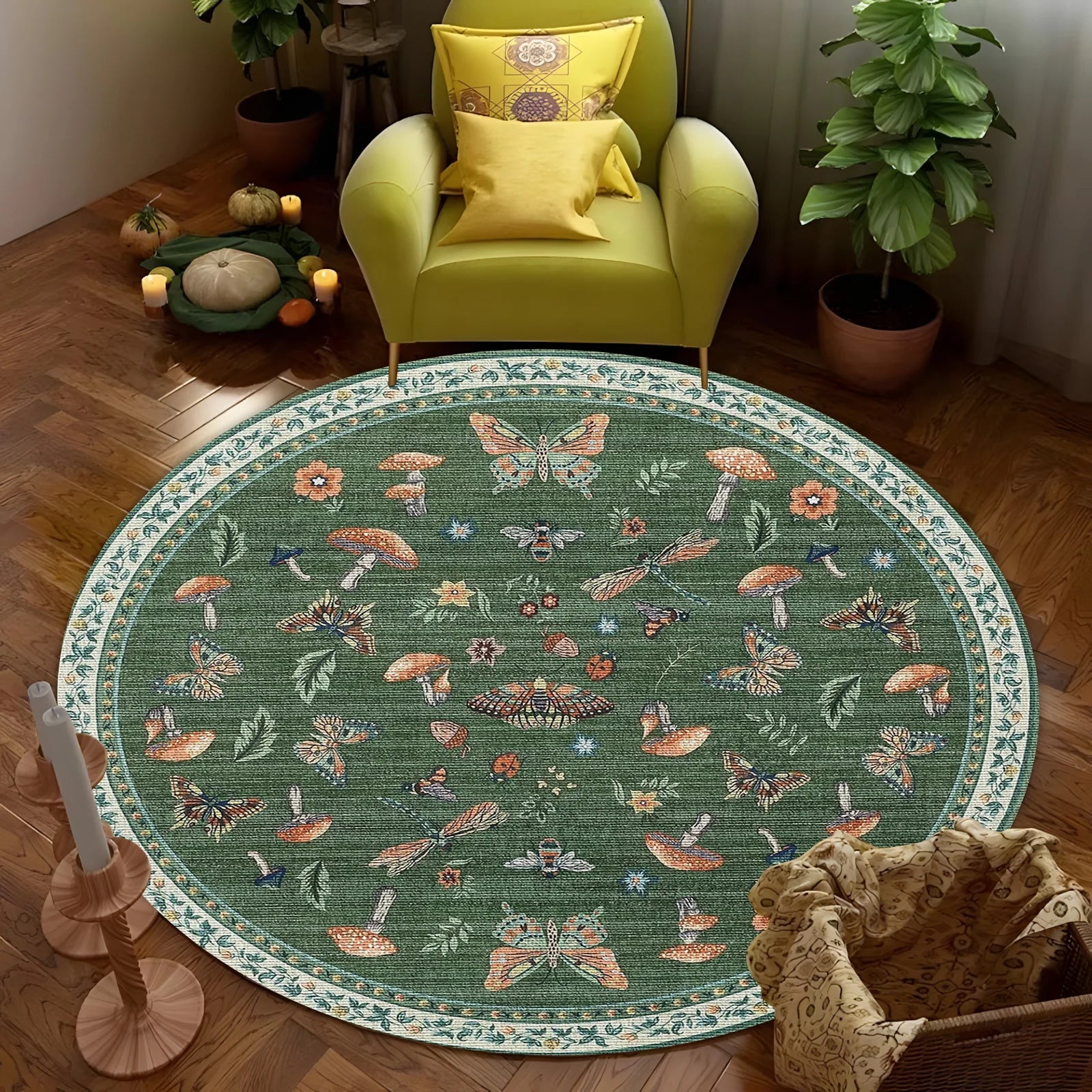 Navak Carpet Runder Boho-Blumenteppich – Lebendiger Pilz- und Schmetterlingsdruck, rutschfester Teppich für Wohnzimmer/Schlafzimmer, von der Natur inspiriertes Dekor