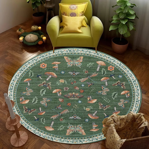 Navak Carpet Runder Boho-Blumenteppich – Lebendiger Pilz- und Schmetterlingsdruck, rutschfester Teppich für Wohnzimmer/Schlafzimmer, von der Natur inspiriertes Dekor