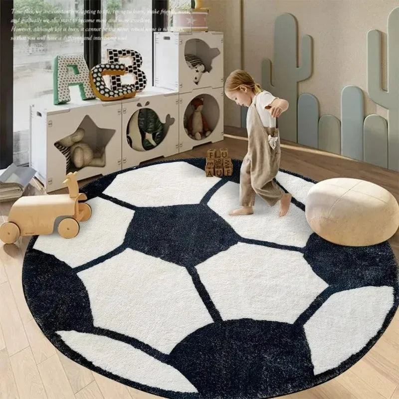 Navak Teppich, 100 x 100 cm, schwarzer Fußball, weicher Plüschteppich, rund, rutschfest, für Kinderzimmer, Schlafzimmer, Spielzimmer, waschbar, Krabbelmatte für Kinder