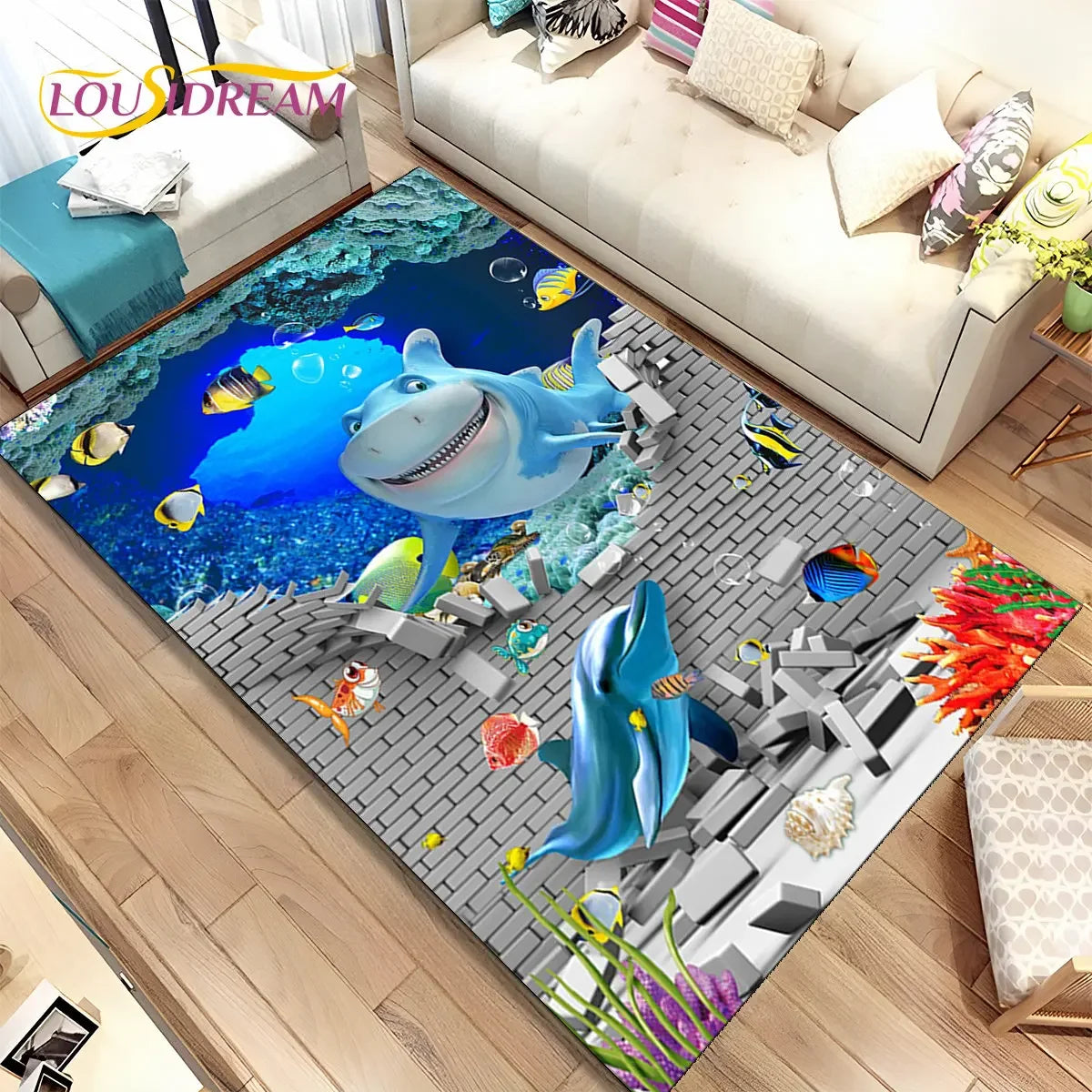 Navak Teppich, 3D-Illusion, Meeresboden, Unterwasserwelt, Delfin, Hai, Teppich für Wohnzimmer, Schlafzimmer, Sofa, Fußmatte, rutschfeste Bodenmatte