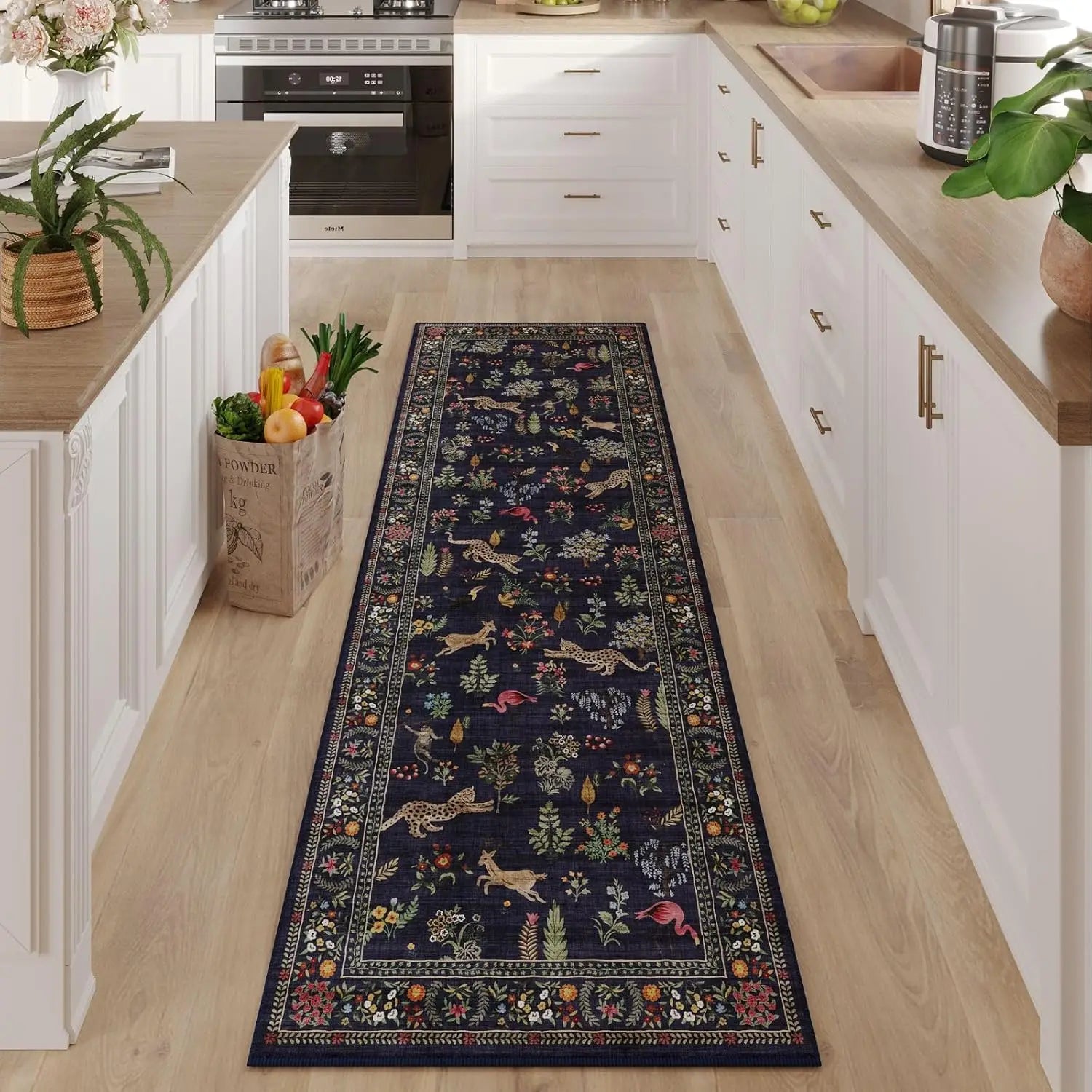 Navak Carpet Exclusive Picks Läuferteppich für die Küche, rutschfest, waschbar, mit Gummirückseite, weicher Teppichläufer mit Blumenmuster und Tiermotiven für die Küche, Heimdekoration