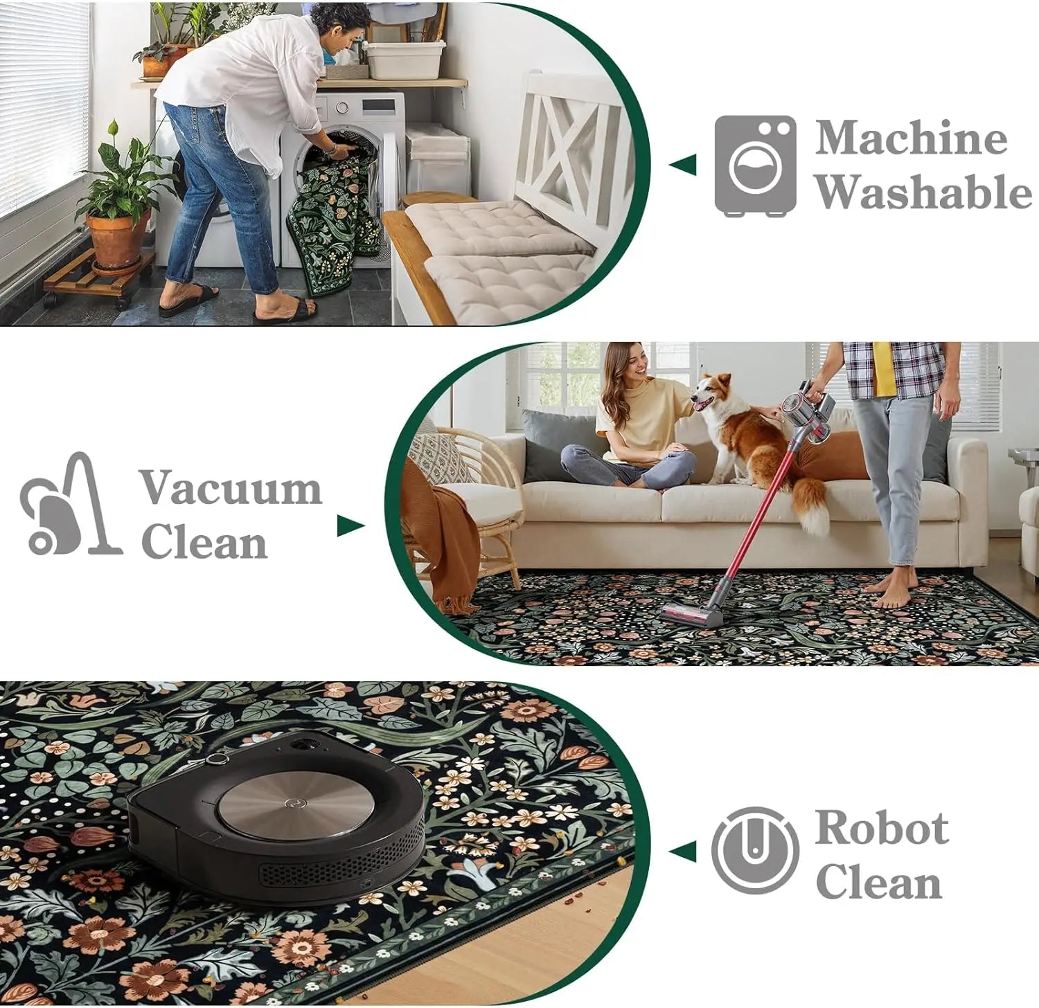 Navak Carpet Florale waschbare Teppiche, weicher großer Boho-Schlafzimmerteppich, botanischer rutschfester ultradünner Bodenteppich für Esszimmer, Kinderzimmer, Büro