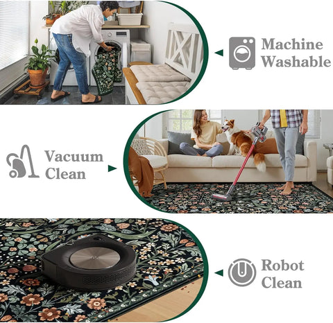 Navak Carpet Florale waschbare Teppiche, weicher großer Boho-Schlafzimmerteppich, botanischer rutschfester ultradünner Bodenteppich für Esszimmer, Kinderzimmer, Büro