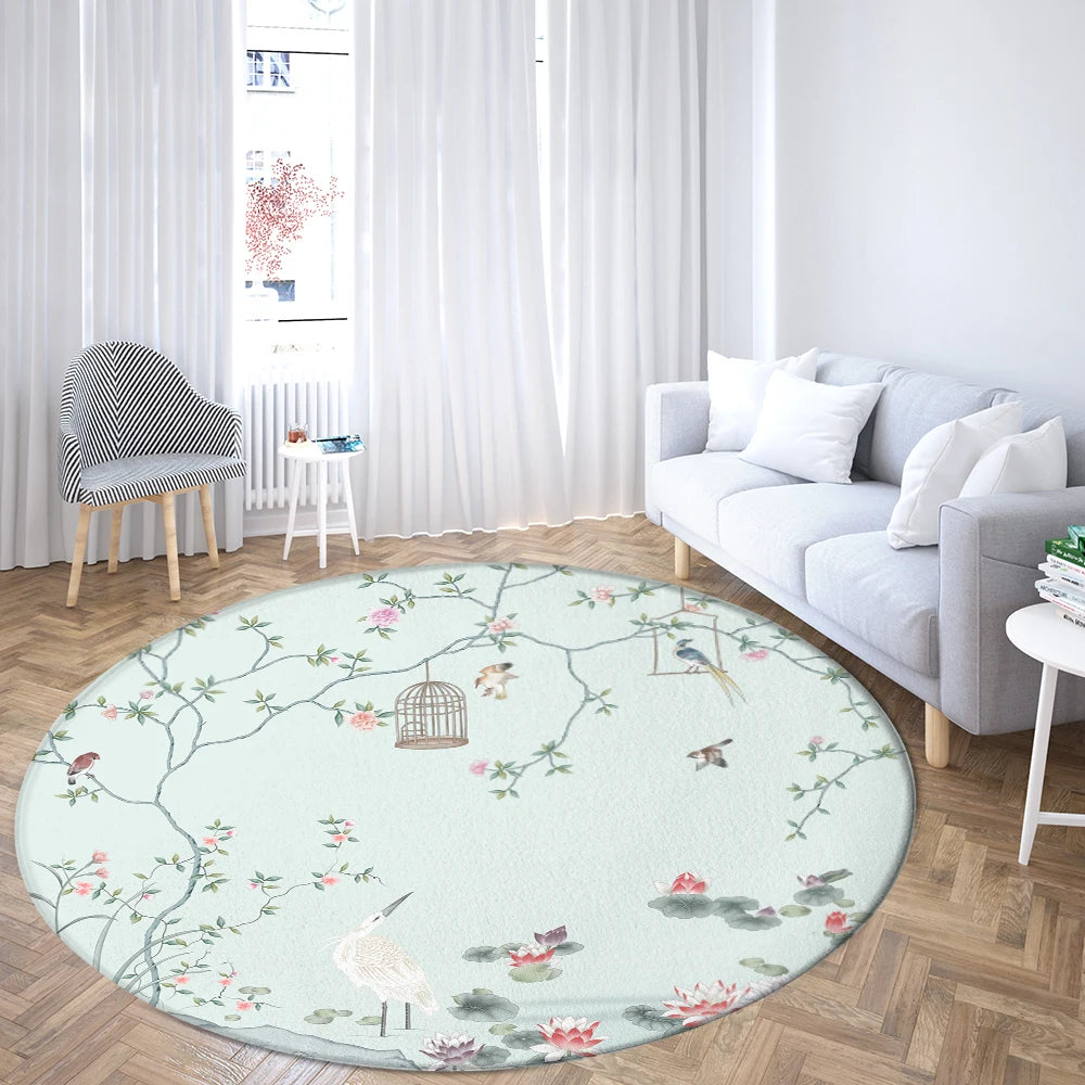 Navak Teppich Home Wohnzimmer Schlafzimmer Badezimmer Bodenmatte Druck Dekorativer Teppich Blume und Vogel Runde Pfingstrose Rose