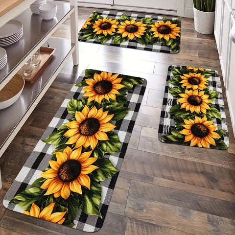 Navak Carpet Sunflower Buffalo Plaid Kitchen Mat Decor Non-slip Hallway Balcony Laundry Rugs Bathroom Door Mat Bedroom Floor Mat Decor