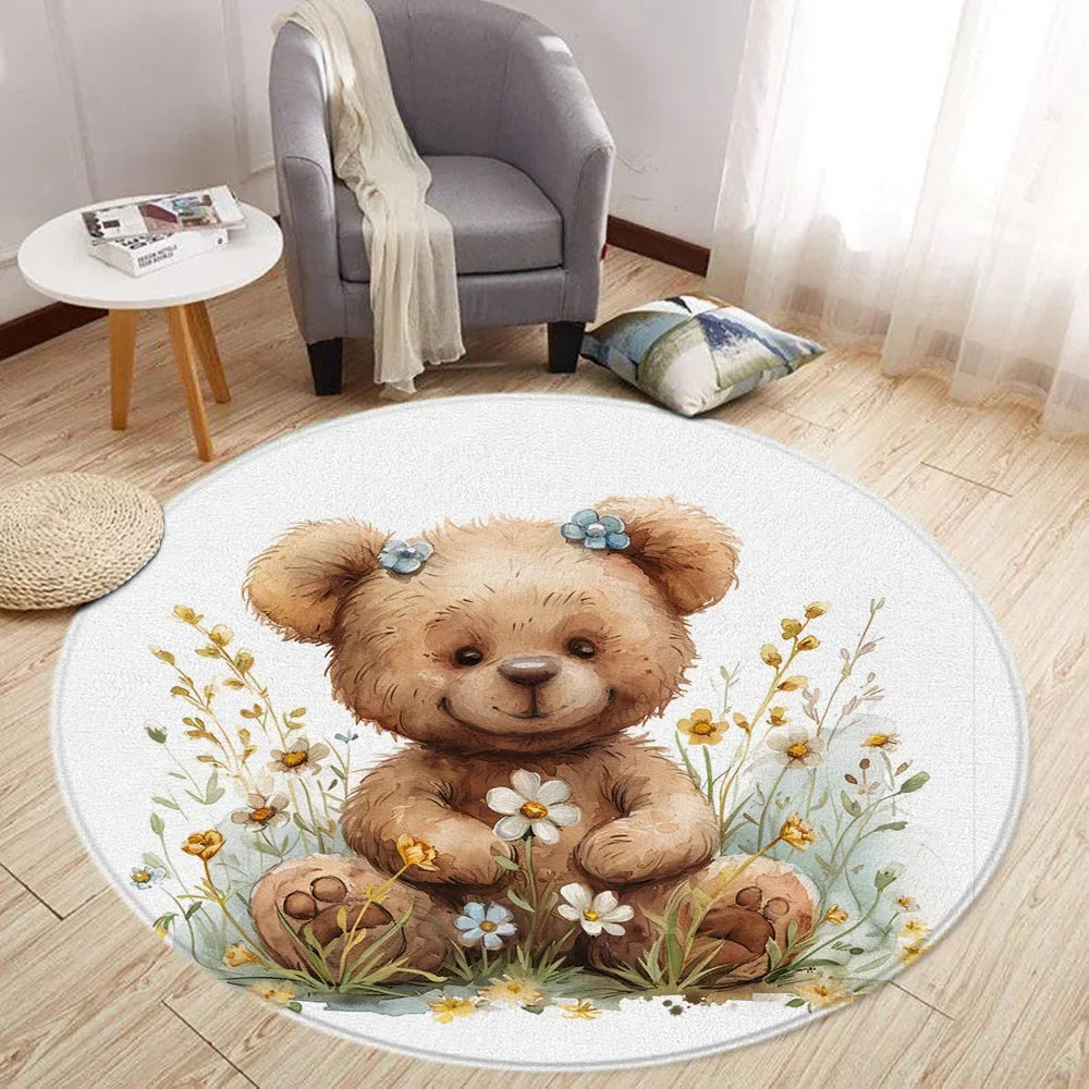 Navak Teppich Cartoon Löwe Liebe Bär Runder Teppich Wohnzimmer Dekoration Kaninchen Bär Waldtiere Schlafzimmer Teppiche Heimmatten Waschbare Freizeitteppiche