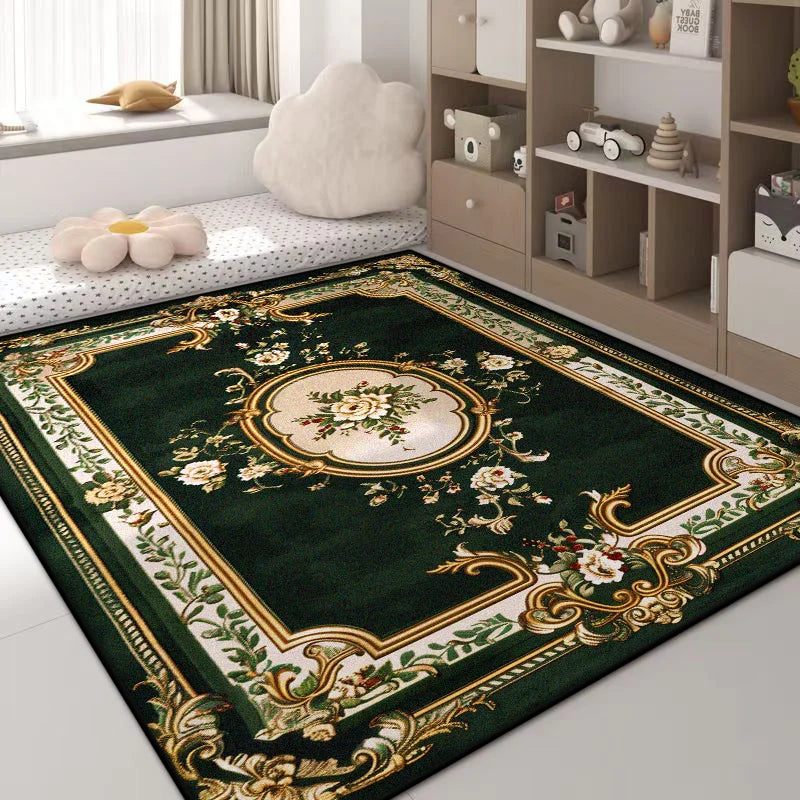 Navak Carpet Luxuriöser Teppich mit grünen Blumen – Rutschfester großer Wohnzimmerteppich, goldener Rand, waschbare weiche Matte für die Heimdekoration im Schlafzimmer