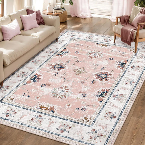 Navak Carpet Pink Vintage Living Room Carpet Bohemian Style Light Luxury Bedroom Rug Large Area Machine Washable Non-slip Coffee Table Mat 러그