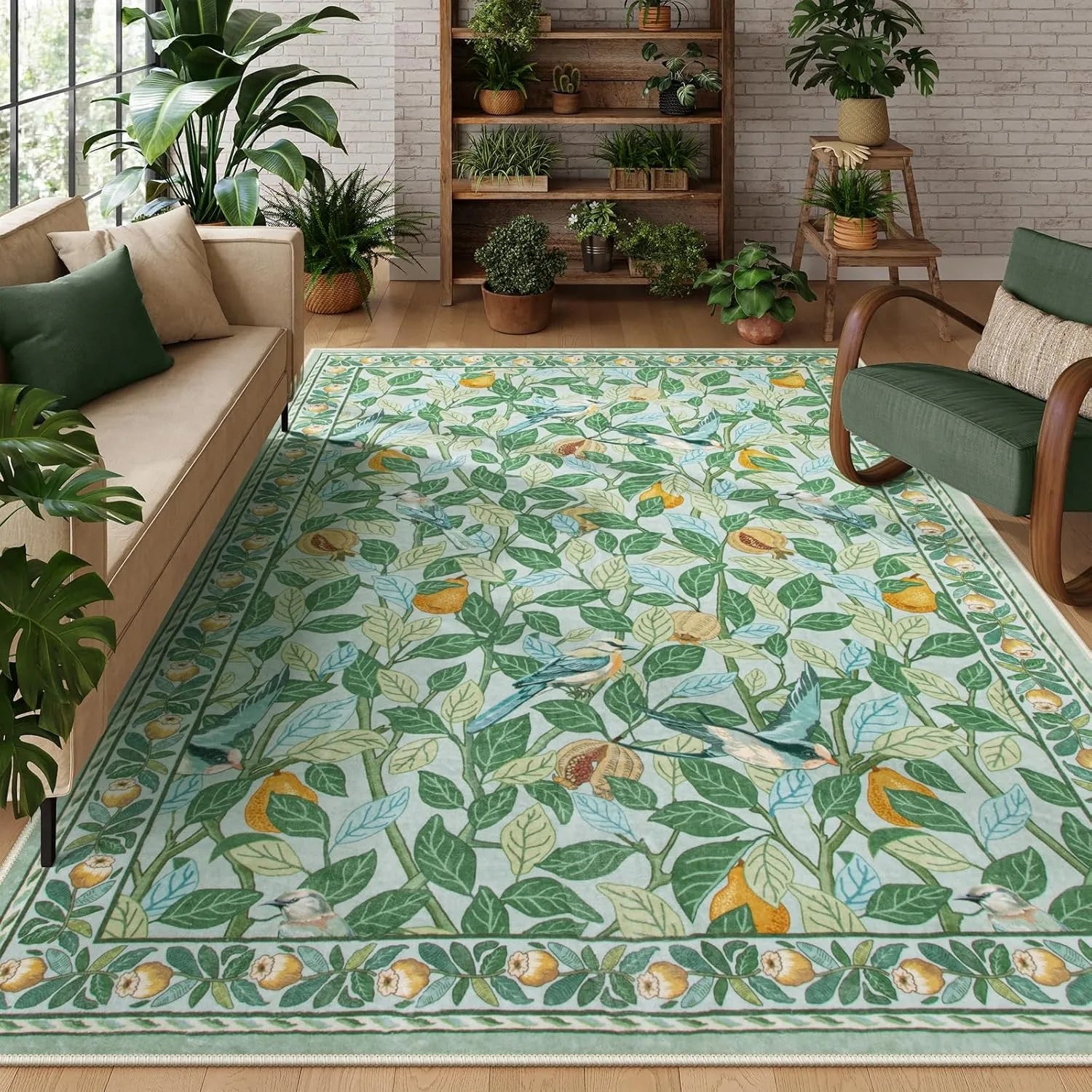 Navak Carpet Green Plant Retro Area Rug – Rutschfester, maschinenwaschbarer Wohnzimmerteppich, weiche, große Bodenmatte für die Heimdekoration im Schlafzimmer