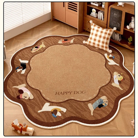 Navak Carpet Retro Brown Living Room Decoration Round Carpet Cartoon Style Rugs for Bedroom Anti-slip Lounge Floor Mat Washable Home Soft Rug