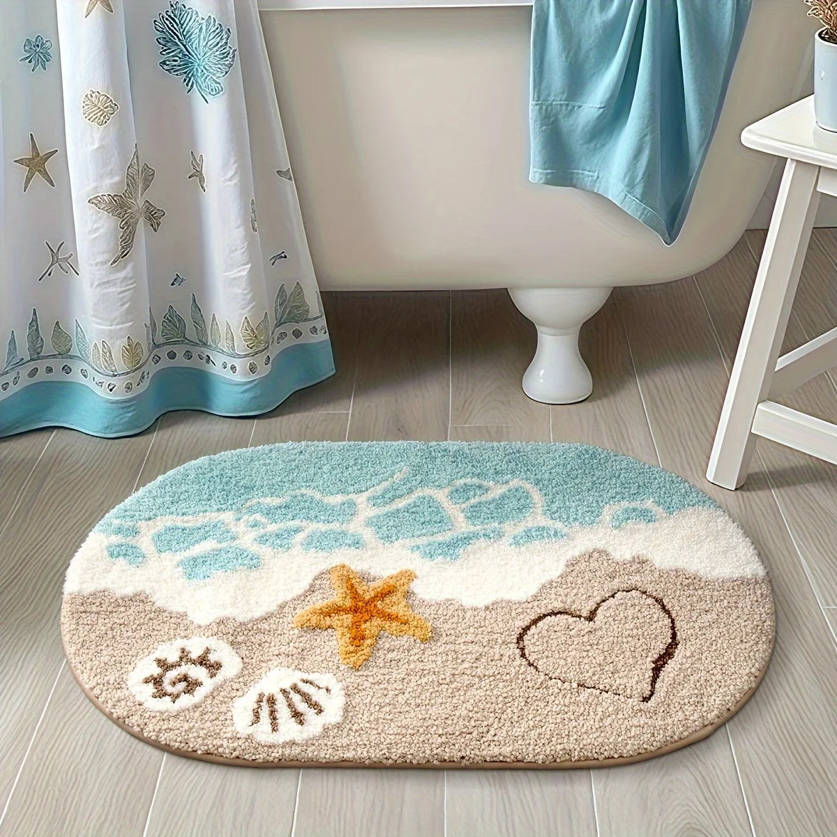 Navak Carpet 1 Stück Plüsch-Badezimmerteppich aus Kunstkaschmir – ovale Bodenmatte mit Ozeanmotiv und Strand-Seestern- und Herz-Design, Teppiche fürs Badezimmer, Themendekor
