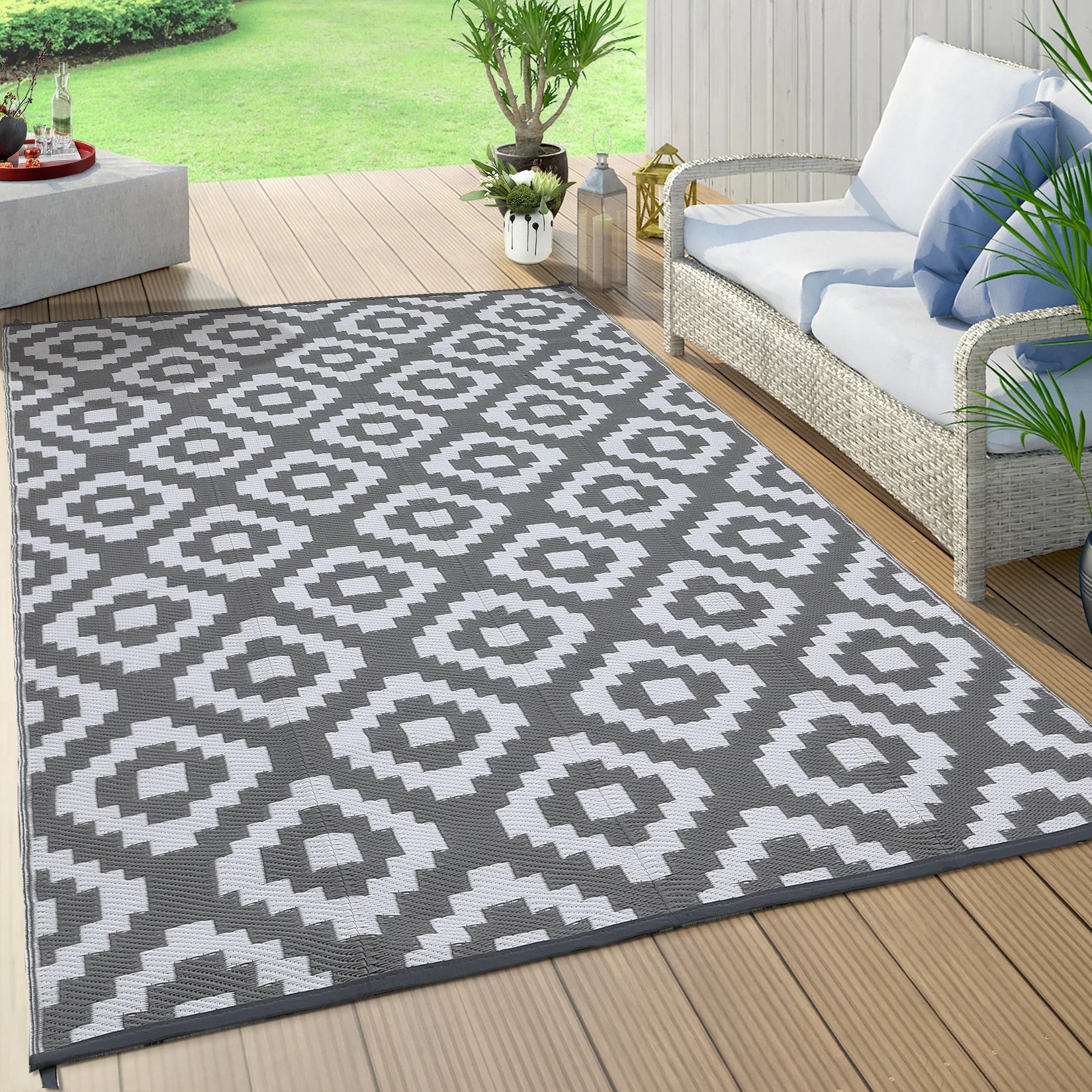 Navak Teppich, Outdoor-Teppich, Kunststoff-Strohteppich, moderner geometrischer wasserdichter Teppich, wendbare Outdoor-Bodenmatte für Terrasse, Veranda, Hinterhof, Picknick, Campi