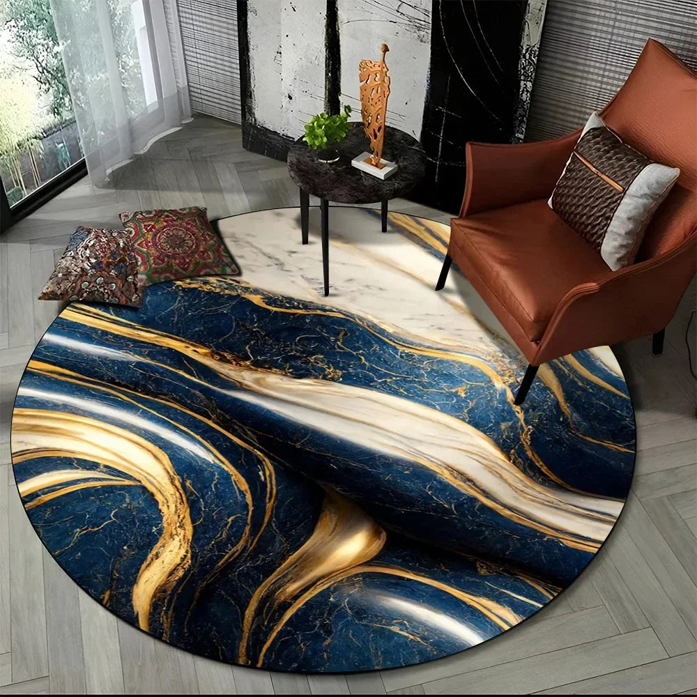Navak Carpet 3D Luxus Marmordruck Runder Teppich Abstrakter geometrischer Bereichsteppich für Wohnzimmer Schlafzimmer Stuhldekor Rutschfeste Bodenmatte Fußmatte