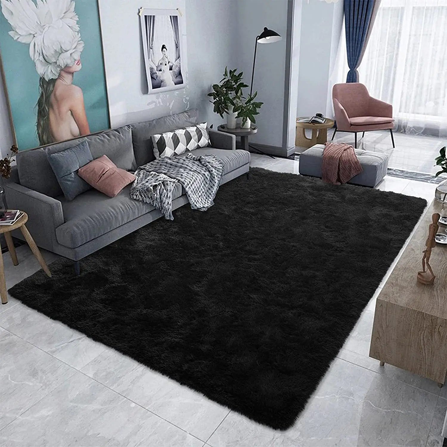 Navak Teppich, nordischer Pelzteppich, Schlafzimmerteppich, Wohnzimmer, moderne Dekoration, haarige Teppiche, große Größe, Schwarz, Grau, Rosa, Beige, rutschfeste Matte