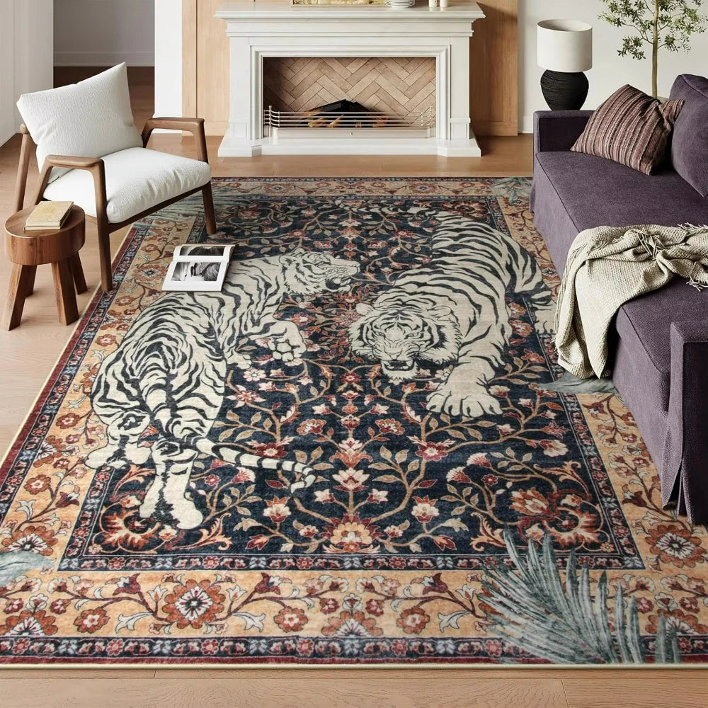 Navak Carpet Tiger Bohemian Rug for Living Room Retro Tiger Print Carpet Dining Room Indoor Doormat Kitchen Area Rug Coffee Table Floor Mat