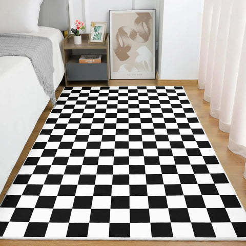 Navak Carpet Schwarz-weiß karierter Teppich für Wohnzimmer und Schlafzimmer, 6 x 9 Zoll, weicher, waschbarer Flächenteppich mit Rutschfestigkeit, fleckenabweisender Teppich mit niedrigem Flor