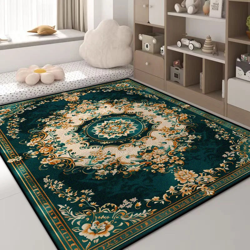 Navak Carpet Luxuriöser Teppich mit grünen Blumen – Rutschfester großer Wohnzimmerteppich, goldener Rand, waschbare weiche Matte für die Heimdekoration im Schlafzimmer