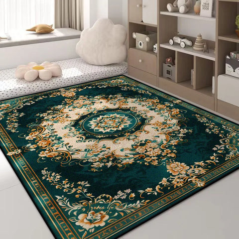 Navak Carpet Luxuriöser Teppich mit grünen Blumen – Rutschfester großer Wohnzimmerteppich, goldener Rand, waschbare weiche Matte für die Heimdekoration im Schlafzimmer