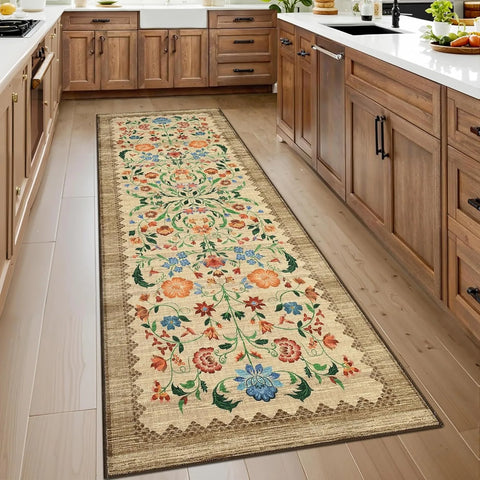 Navak Teppich Läufer für Flur, waschbar, Blumenmuster, langer Teppich, weicher, niedrigfloriger Weihnachtsdekor-Teppich, Schlafzimmer-Bodenmatte, rutschfeste Matten