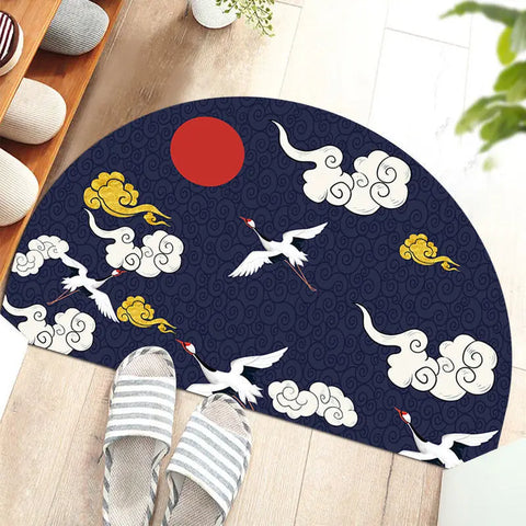Navak Teppich Chinesische halbrunde Fußmatten im japanischen Stil mit Kranich-Aufdruck, rutschfeste Fußmatten für den Eingang, Balkonteppich, Flur, Veranda