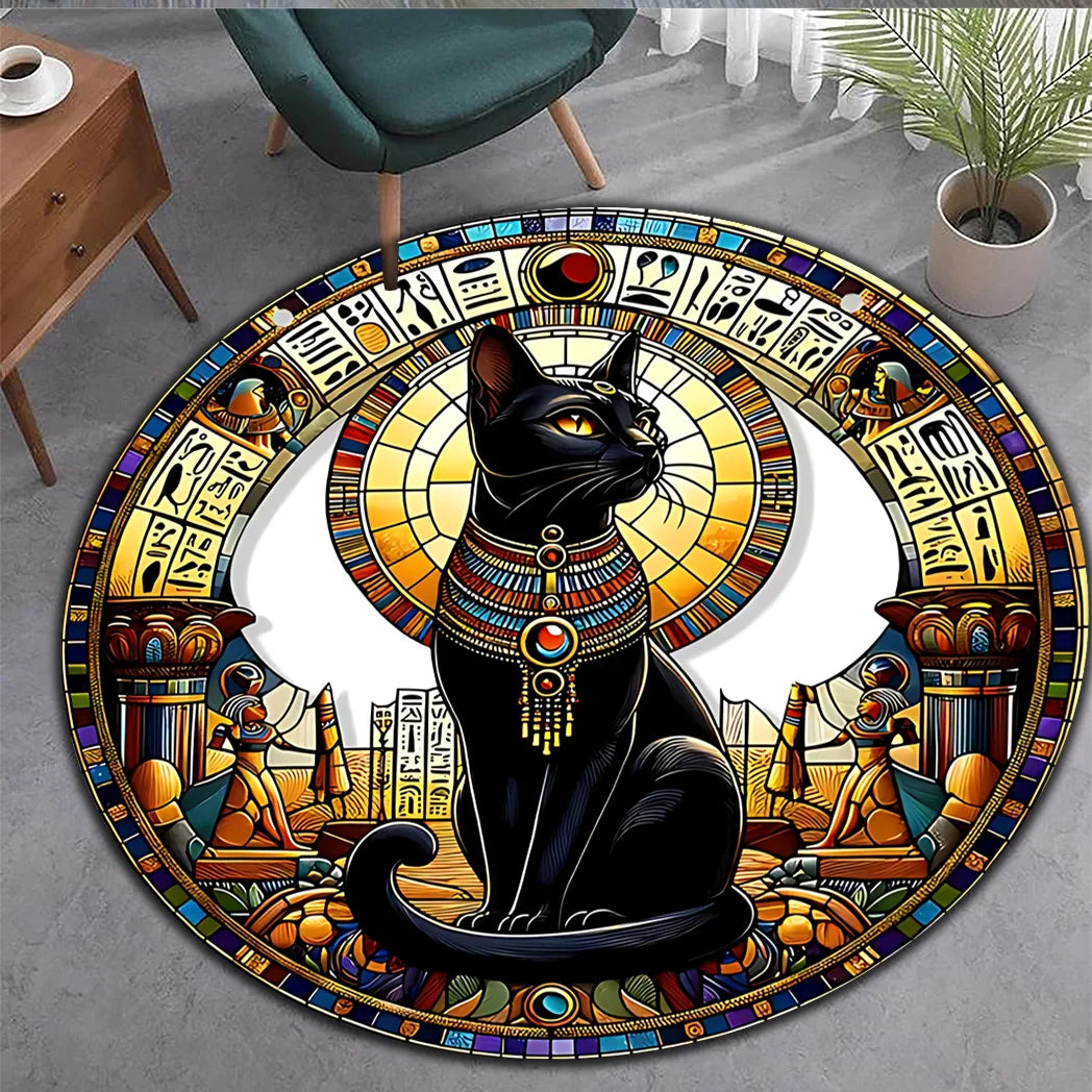 Navak Carpet Ein runder, leicht zu reinigender Teppich mit ägyptischem Bastet-Katzen-Design, geeignet für Wohnräume, Schlafzimmer, Wohnzimmer, Kit
